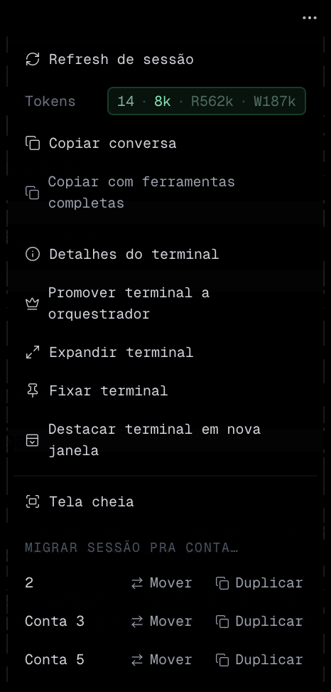 Menu ⋯ aberto com a contagem de tokens