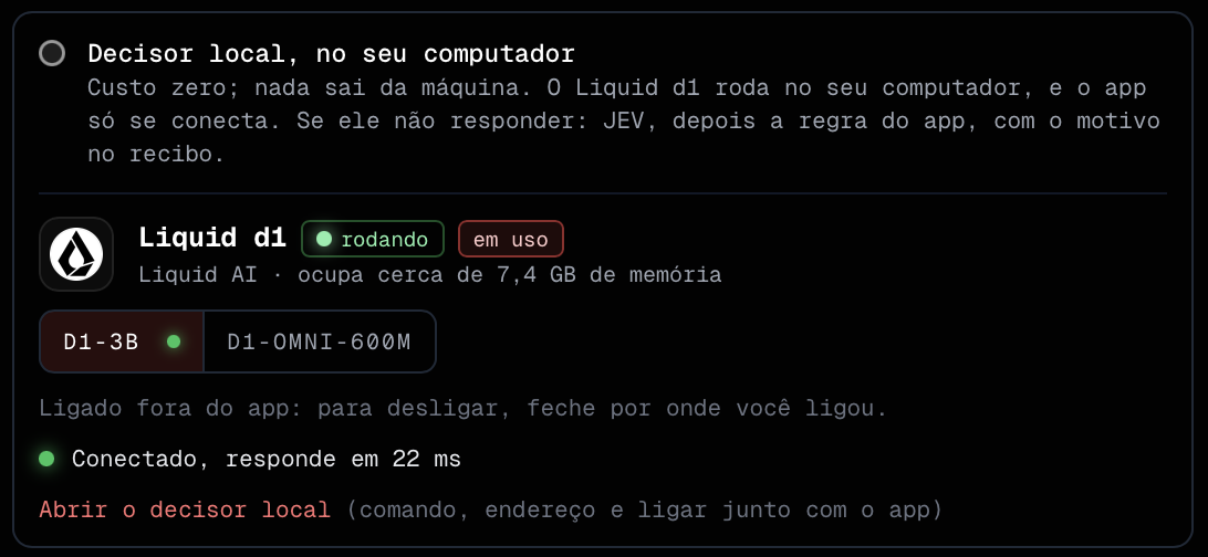 Cartão do Liquid d1 com o seletor e a pílula de estado