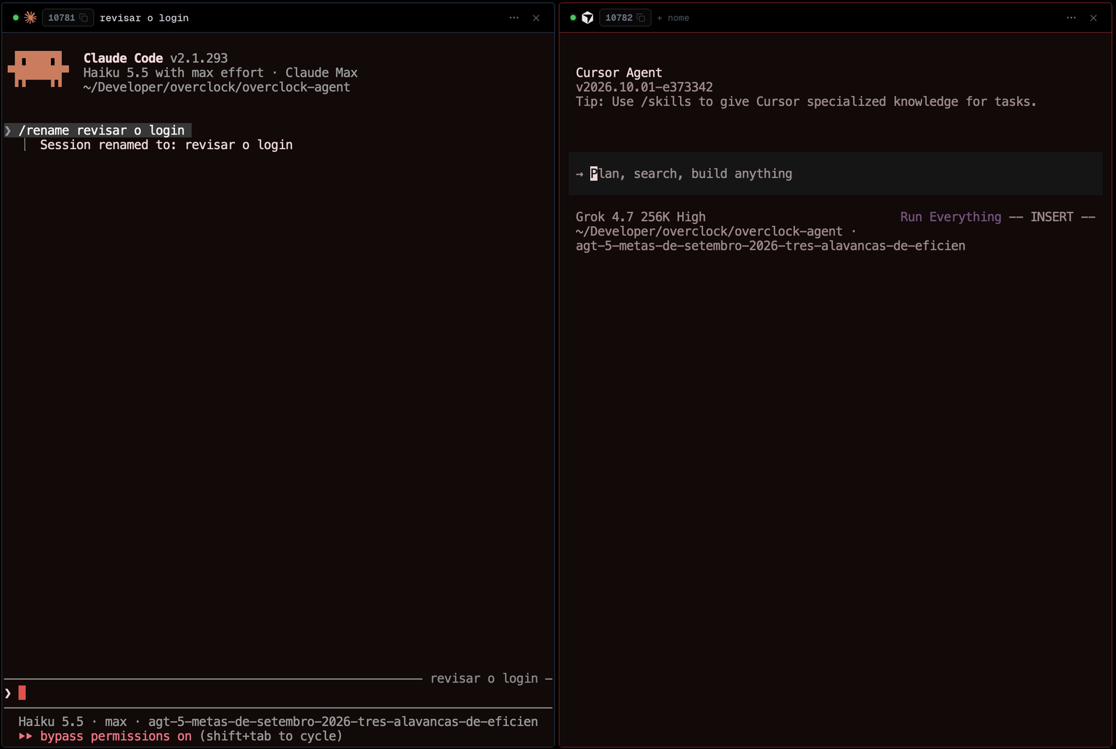 Grade com 2 terminais lado a lado, um do Claude e um do Cursor, com as 4 bordas de cada um
