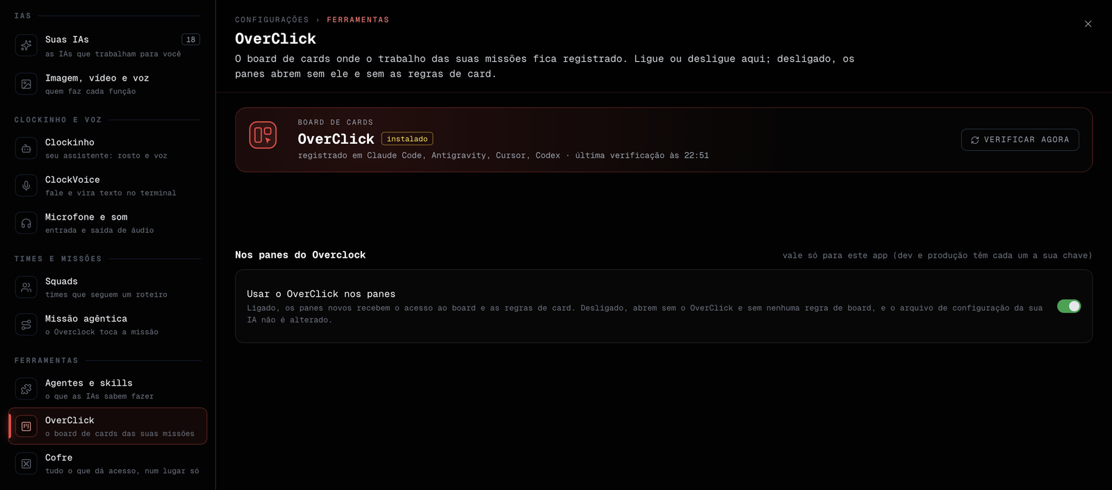 Tela OverClick em Configurações › Ferramentas, com o selo instalado e a chave Usar o OverClick nos panes